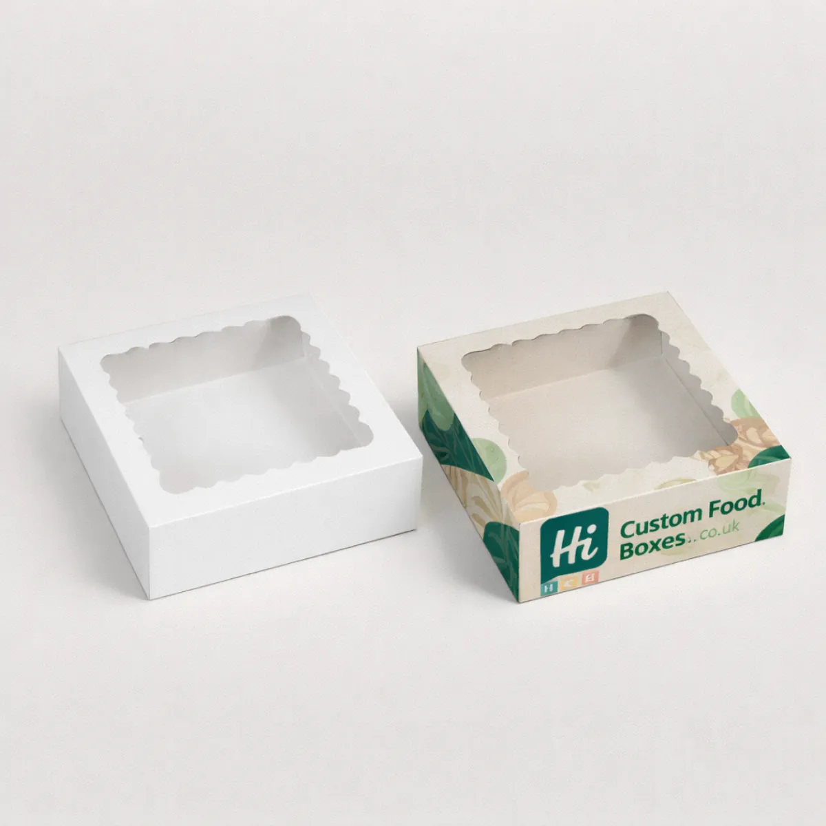 Shallow square boxes with decorative scalloped-edge windows- presented in plain white and branded sustainable-style card- class=